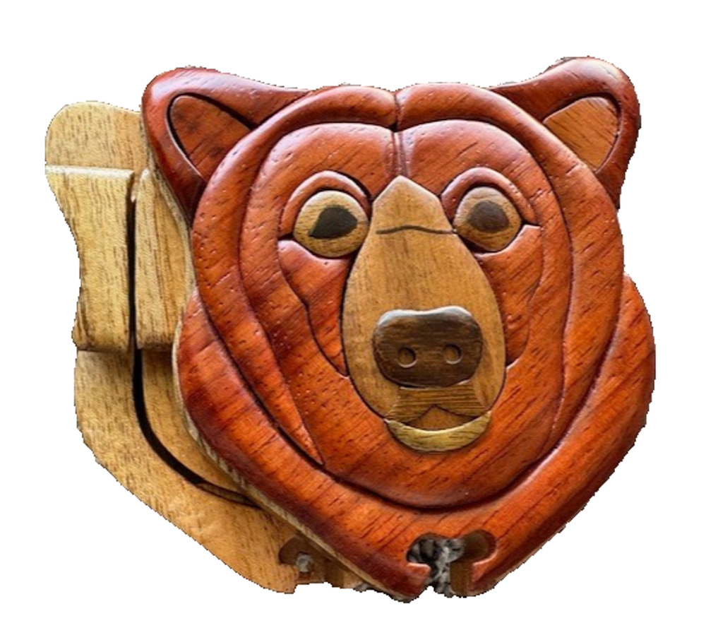 Bear Handcrafted Secret Wooden Puzzle Box, Stained, Grizzly, Teddy, Holder